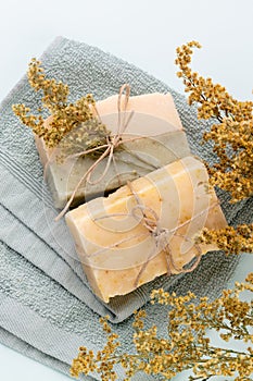 Handmade natural soap on pastel background