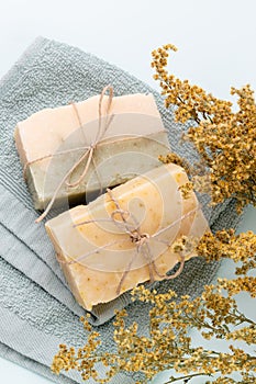 Handmade natural soap on pastel background