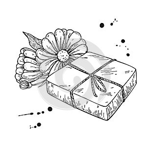 Handmade natural soap. Vector hand drawn illustration of organic cosmetic with calendula medical flowers.