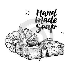 Handmade natural soap. Vector hand drawn illustration of organic cosmetic with calendula medical flowers.