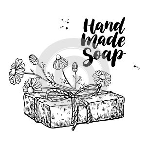 Handmade natural soap. Vector hand drawn illustration of organic cosmetic with chamomile medical flowers