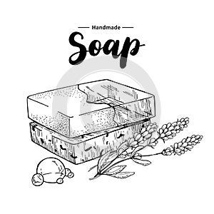 Handmade natural soap. Vector hand drawn illustration of organic cosmetic with lavender medical flowers.