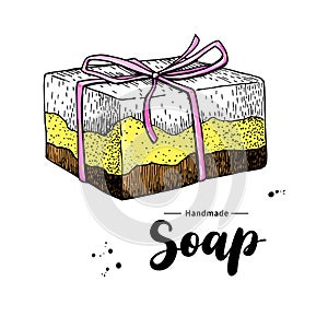 Handmade natural soap. Vector hand drawn illustration of organic cosmetic with lettering.