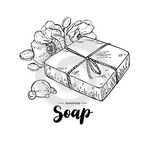 Handmade natural soap. Vector hand drawn organic cosmetic with flower photo