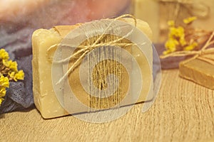 Handmade natural soap on wooden background.Natural spa products