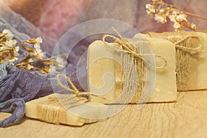 Handmade natural soap on wooden background.Natural spa products