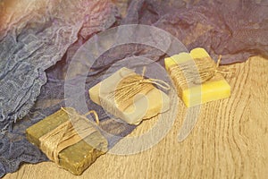 Handmade natural soap on wooden background.Natural spa products