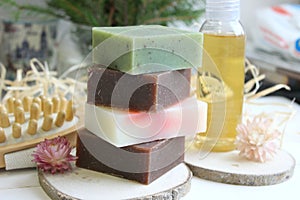 Handmade natural soap on wooden background. Spa natural treatments