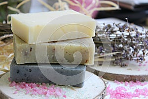 Handmade natural soap on wooden background. Spa natural treatments