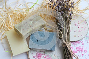 Handmade natural soap on wooden background. Spa natural treatments