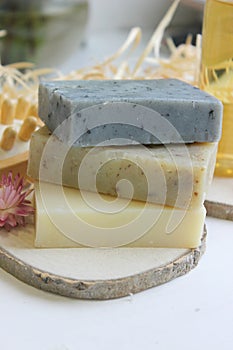 Handmade natural soap on wooden background. Spa natural treatments