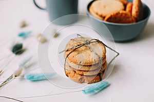 Handmade oatmeal cookies with glass of milk. Traditional freshly baked cookies. Junk-food, culinary, baking and eating concept.