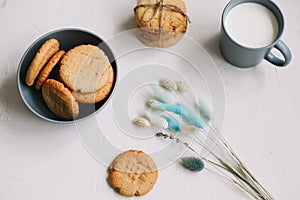 Handmade oatmeal cookies with glass of milk. Traditional freshly baked cookies. Junk-food, culinary, baking and eating concept.