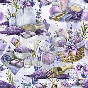 Handmade objects for SPA, bath reception, cosmetics. Watercolor illustration from a collection LAVENDER SPA. For fabric