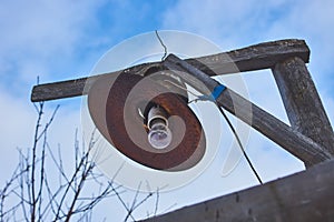 Handmade old street lamp. Village, countyside