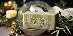 handmade olive oil soap, natural herbs, green background. Generative AI