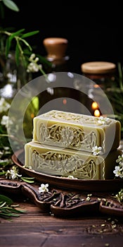 handmade olive oil soap, natural herbs, green background. Generative AI