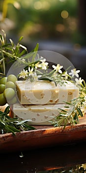 handmade olive oil soap, natural herbs, green background. Generative AI