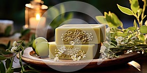 handmade olive oil soap, natural herbs, green background. Generative AI