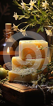 handmade olive oil soap, natural herbs, green background. Generative AI