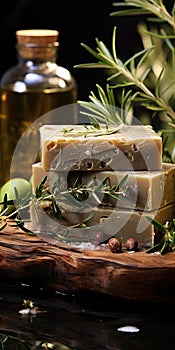 handmade olive oil soap, natural herbs, green background. Generative AI