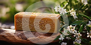 handmade olive oil soap, natural herbs, green background. Generative AI