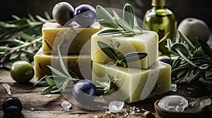 Handmade olive soap with fresh olives and olive branch with leaves on wooden background. Spa, hygiene, cleanliness, body