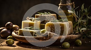 Handmade olive soap with fresh olives and olive branch with leaves on wooden background. Spa, hygiene, cleanliness, body