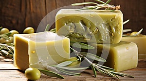 Handmade olive soap with fresh olives and olive branch with leaves on wooden background. Spa, hygiene, cleanliness, body care