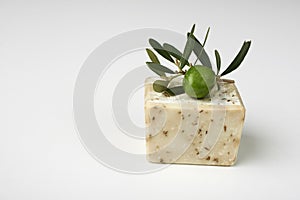 Handmade olive soap with olive branch.