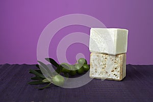 Handmade olive soap with olive branch.