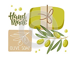 Handmade olive soap piece tied with twine and Handmade soap labels for advertising, stores, sales. Natural soap with