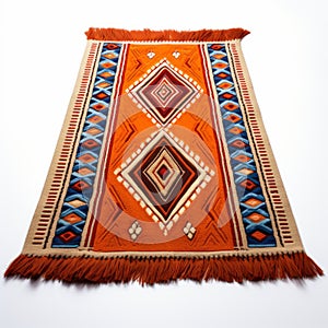 Handmade Orange And Blue Rug With Fringes - Heavy Metal Embroidery Style photo