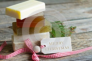 Handmade organic soap ornament with fir tree abstract cosmetic christmas background