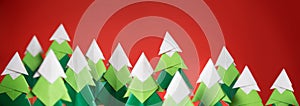 Handmade origami paper craft Christmas tree on red background