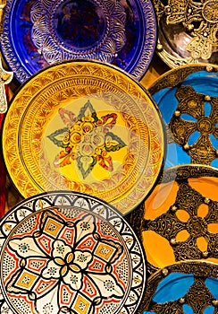 Handmade and painted colorful traditional plates on medina souke