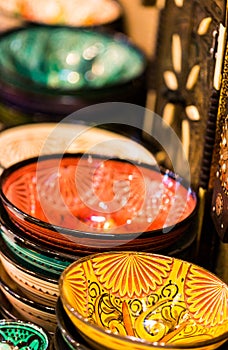 Handmade and painted colorful traditional plates on medina souke