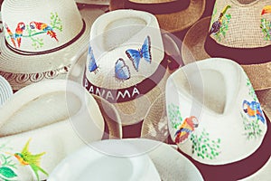 Handmade Panama Hats at the traditional outdoor market. Popular