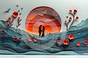 Handmade paper cut of a man and woman holding hands in a creative collage for Fathers Day celebration