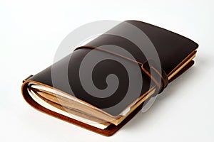 Handmade paper diary notebook in brown leather cover, close-up