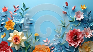 Handmade Paper Flowers on Light Blue Background with Copyspace