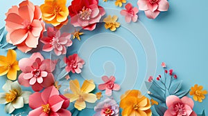 Handmade Paper Flowers on Light Blue Background with Copyspace