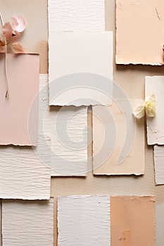 Handmade papers with delicate flower. Chaotic paper cards background