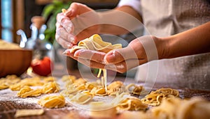 Handmade pasta, close-up of hands. Generated with AI