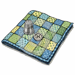 Handmade Patchwork Quilt with Thimble and Button Illustration