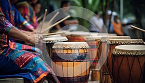 Handmade percussion instruments played at traditional festivals generated by AI