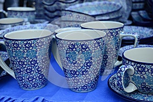 Handmade pottery with blue pattern