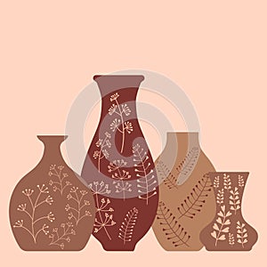 Handmade pottery, ceramic vases painted by hand. Pottery hobby. Flat vector illustration