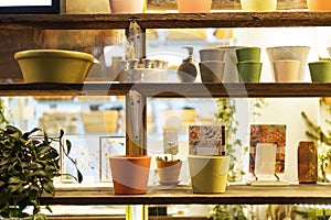 Handmade pottery planting pot on shelf