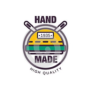 Handmade premium quality colorful logo template, since 1935, retro needlework craft badge, handicraft element vector